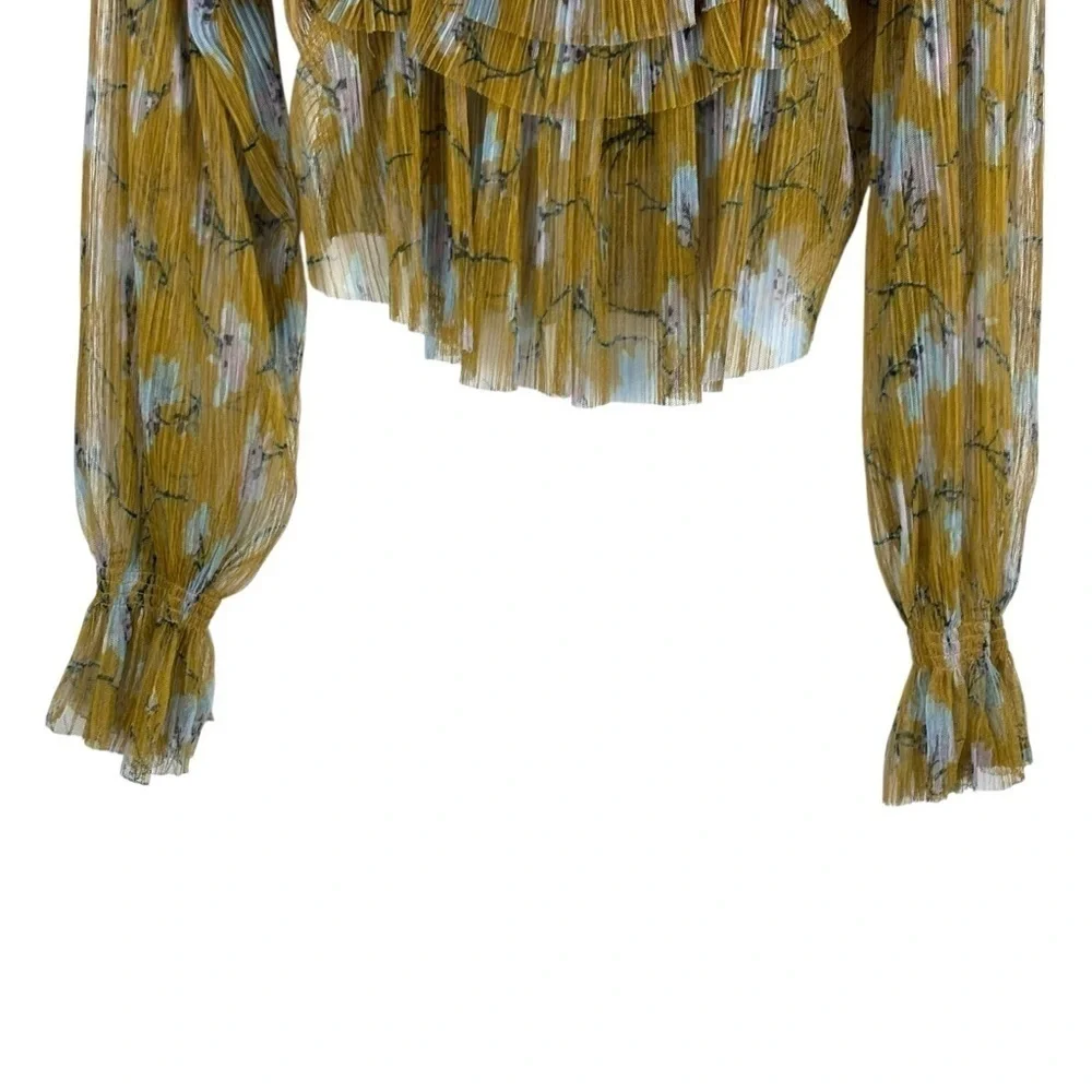 FREE PEOPLE FRILLS AND THRILLS RUFFLED TIERED SHEER FLORAL LONG SLEEVE CROP TOP